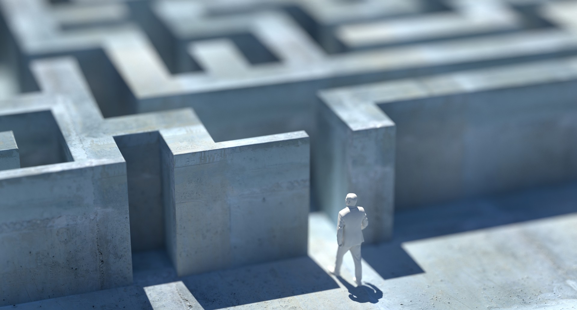 Business standing in front of a maze entrance